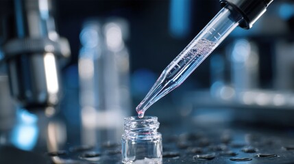 Poster - Medium shot showing a closeup of nanoparticle lidocaine gel being carefully pipetted for joint delivery testing with the pipette tip in crisp focus and blurred surrounding lab