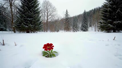Wall Mural - there is a red flower that is growing out of the snow