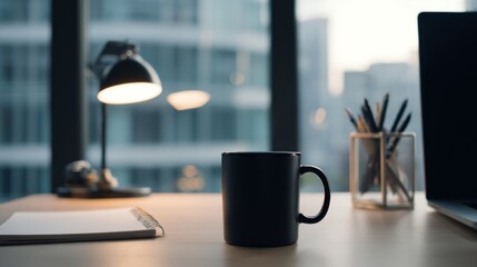 A developer's workstation with an empty notebook and coffee mug under soft desk lamp lighting.
