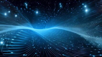 Poster - Digital blue glowing network grid with flowing lines showcasing futuristic technology and data visualization in abstract dynamic wave full of energy and motion effects