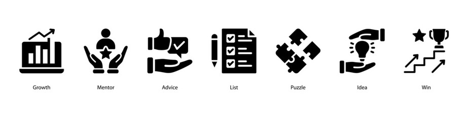 Growth Mindset web banner icon vector illustration featuring Growth, Mentor, Advice, List, Puzzle, Idea, and Win.