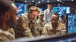© Justlight - Military leader consults with diverse personnel assigning roles and monitoring mission progress against dynamic data in a modern command hub.