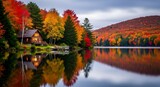 A cozy log cabin nestled by a serene lake reflecting the vibrant colors of autumn foliage on surrounding trees and mountains