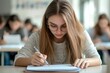 © Thorng - Focused female college student writing in exam paper, soft classroom background with students
