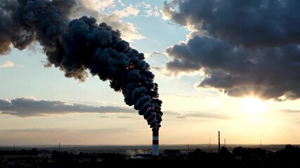 Wall Mural - smoke billowing from a chimney in a factory with a sunset in the background