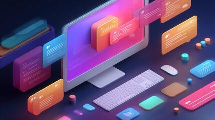 Modern computer with floating message boxes for communication and design