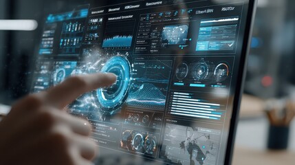 Futuristic interface with finger touching screen for data analysis