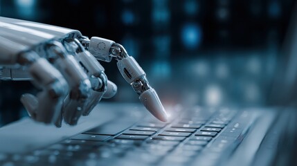 Robot hand typing on laptop keyboard, artificial intelligence concept