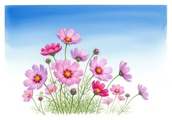 Poster - Cosmos Flowers Under Blue Sky - Delicate cosmos blossoms under a vibrant blue sky, symbolizing serenity, beauty, nature, growth, and hope