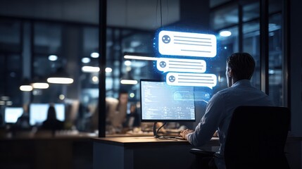 Man using Chatbot on Computer for Customer Service at Night