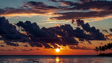 Wall Mural - sunset over the ocean with clouds and palm trees in the foreground