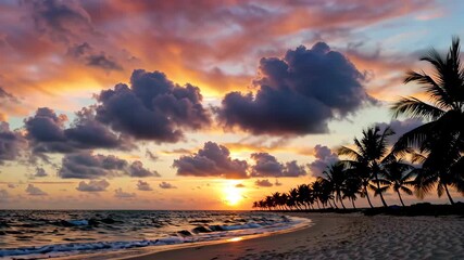 Wall Mural - sunset on a beach with palm trees and a body of water