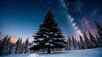 Wall Mural - snowy pine trees in a snowy forest at night with a milky in the sky