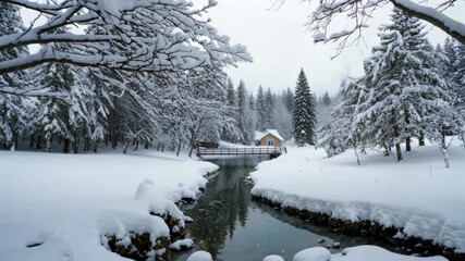 Wall Mural - snowy scene of a small stream running through a forest with a house in the distance