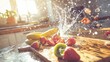 © ryu - Splashing Freshness: Vibrant Fruits with Water Burst on Wooden Board in Sunny Kitchen