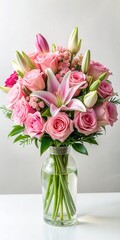 Wall Mural - delicate pink flower bouquet with roses and lilies arranged in a elegant manner on a crisp white bac