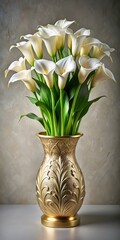 Wall Mural - elegant white calla lilies arranged in a decorative vase with gold leaf in ornate relief patterns