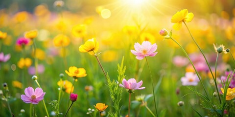 Wall Mural - Soft pink and yellow wildflowers bloom in a lush green field amidst springtime sunshine