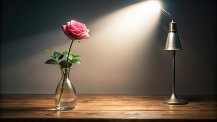 Wall Mural - desk spotlight shines on a single rose in a vase