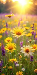 Wall Mural - Field of tall yellow daisies swaying gently in warm sunlight