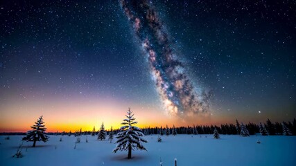 Wall Mural - arafed view of a snowy field with trees and a milky in the sky