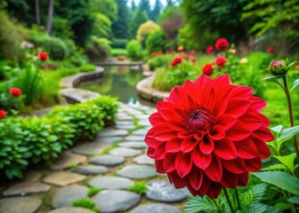 Wall Mural - vibrant red dahlia flower blooms in a lush green garden surrounded by vibrant foliage and rustic sto