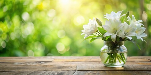 Wall Mural - a serene spa still life arrangement featuring white flowers in a clear glass vase on a wooden table 
