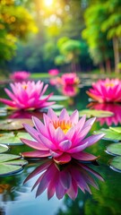 Wall Mural - vibrant pink lotus blossoms floating serenely on the surface of a peaceful pond surrounded by lush g