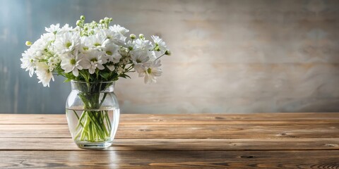 Wall Mural - delicate crystal vase filled with fresh white flowers on a wooden table