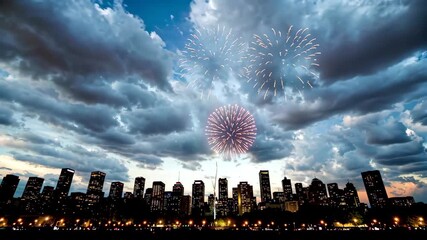 Wall Mural - fireworks in the sky over a city with a large city in the background