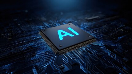 Illuminated AI chip on circuit board, futuristic technology concept