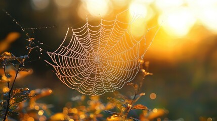 Delicate spiderweb glistening with morning dew