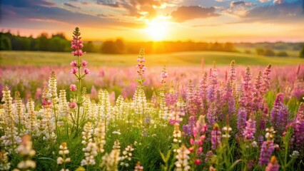 Wall Mural - A lush flowering meadow sage with soft pink and white hues against a warm sun-kissed background