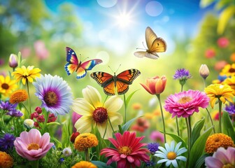 Wall Mural - Vibrant flowers blooming in a lush garden on a sunny day amidst colorful butterflies and bees