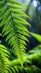 Wall Mural - Dense green fern foliage with raindrops clinging to its edges against a lush rainforest background