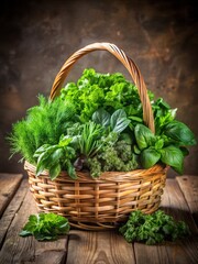 Wall Mural - A bunch of fresh green herbs arranged artfully in a wooden basket