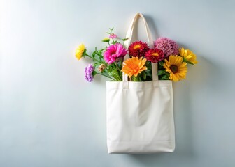 Wall Mural - simple white tote bag filled with colorful flowers on a clean and bright background