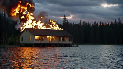 Wall Mural - flames are seen from a house on fire in the water