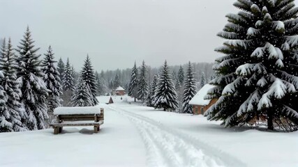 Wall Mural - snowy scene of a road with a bench and pine trees