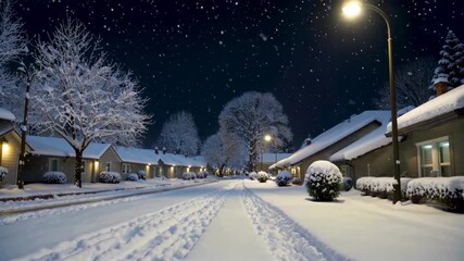 Wall Mural - snowy street with houses and trees in the background at night