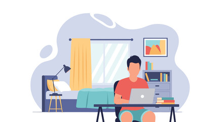 Young man working from home on laptop, bedroom interior, remote work illustration for website or blog.