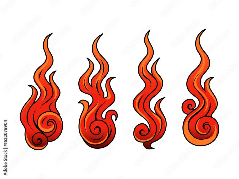 Japanese style fire flame illustration, Fire flame ignite collection ...