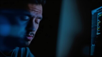 A focused programmer works late at night, his intense face illuminated by glowing lines of code on his computer screen in a dark room