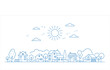 © Jihan - Blue line art village scene with sun and clouds on white background town houses
