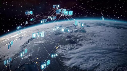 Poster - Global network visualizing data connections over Earth with intricate icons and linkages, Global network of data icons and connections over Earth