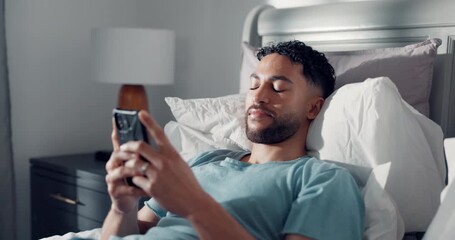 smile, phone and relax with man in bedroom for social media, text message update and reading. online