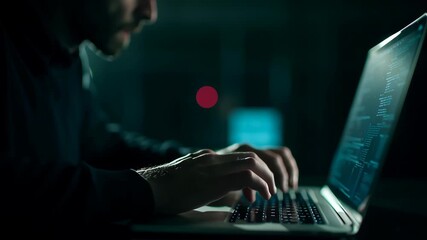 Man typing on a laptop with blue code on screen in a dark room late at night, showing cybersecurity concept footage.