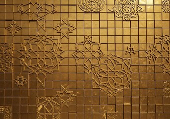 Poster - Ornate golden tile mosaic with geometric patterns and religious symbols for background