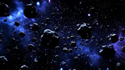 An asteroid field spans across a backdrop of deep blue and purpletinted nebula