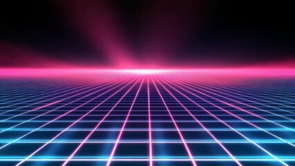 Wall Mural - neon grid landscape glowing pink blue lines creating futuristic digital horizon vibrant retro atmosp